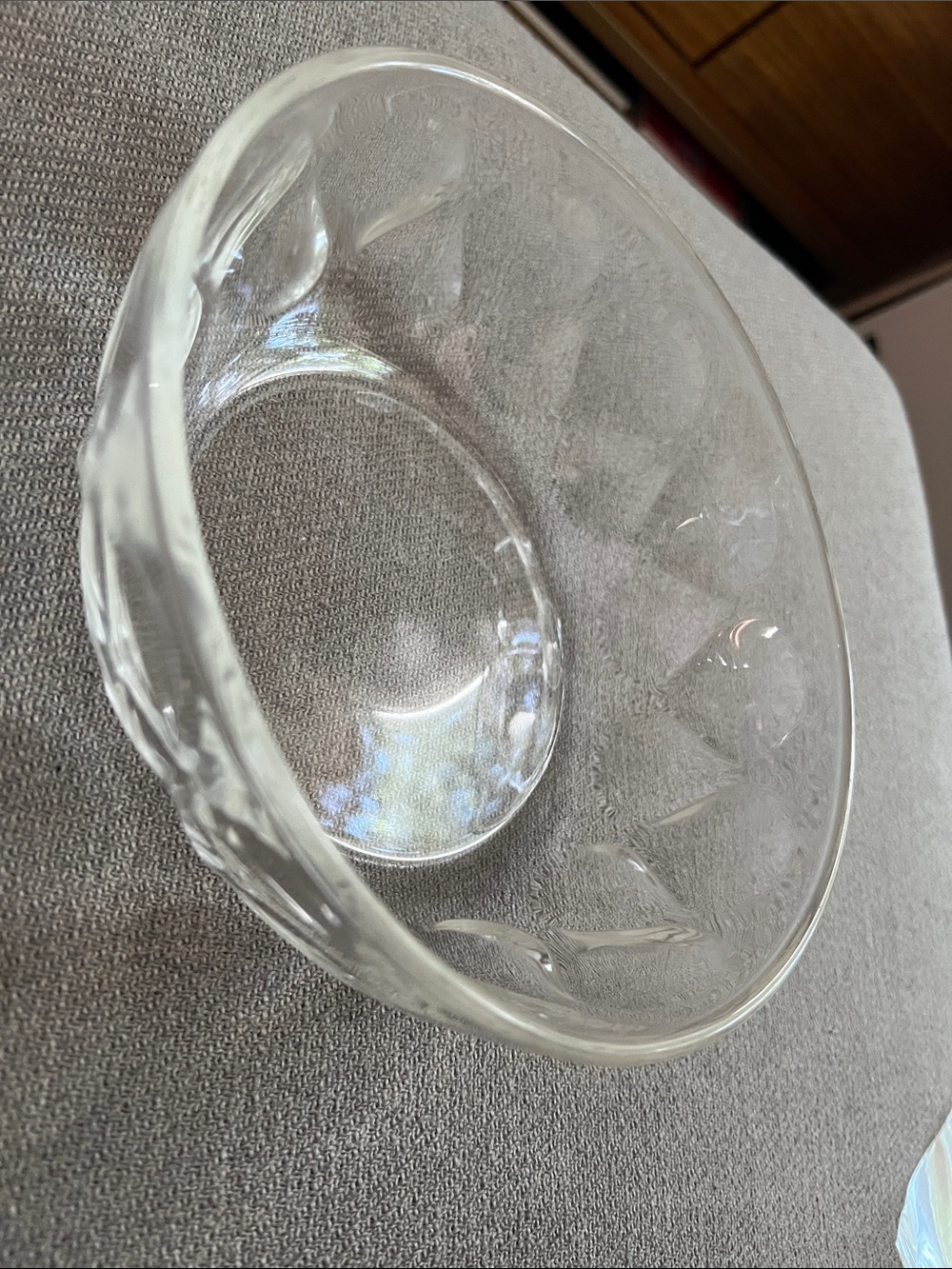MCM Clear Glass Serving Bowl - Textured Design- some wear+ tear @ the bottom